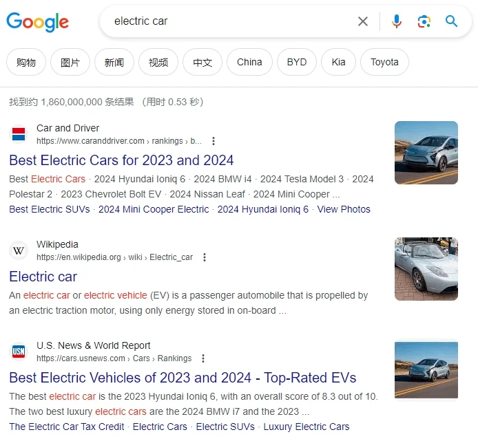 Google中搜索electric car